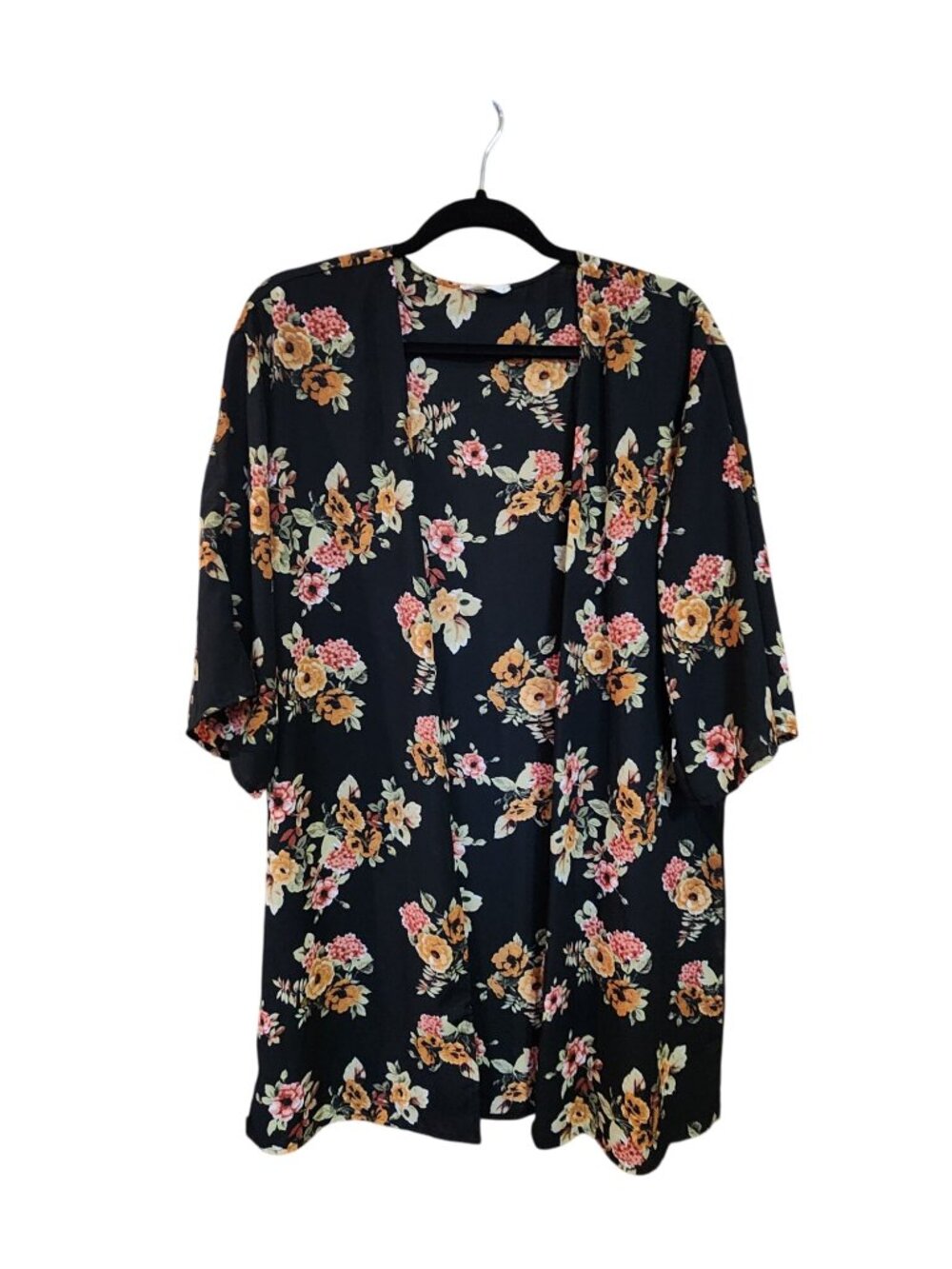 Les Amis Black Floral Kimono Womens S Lightweight Open Front